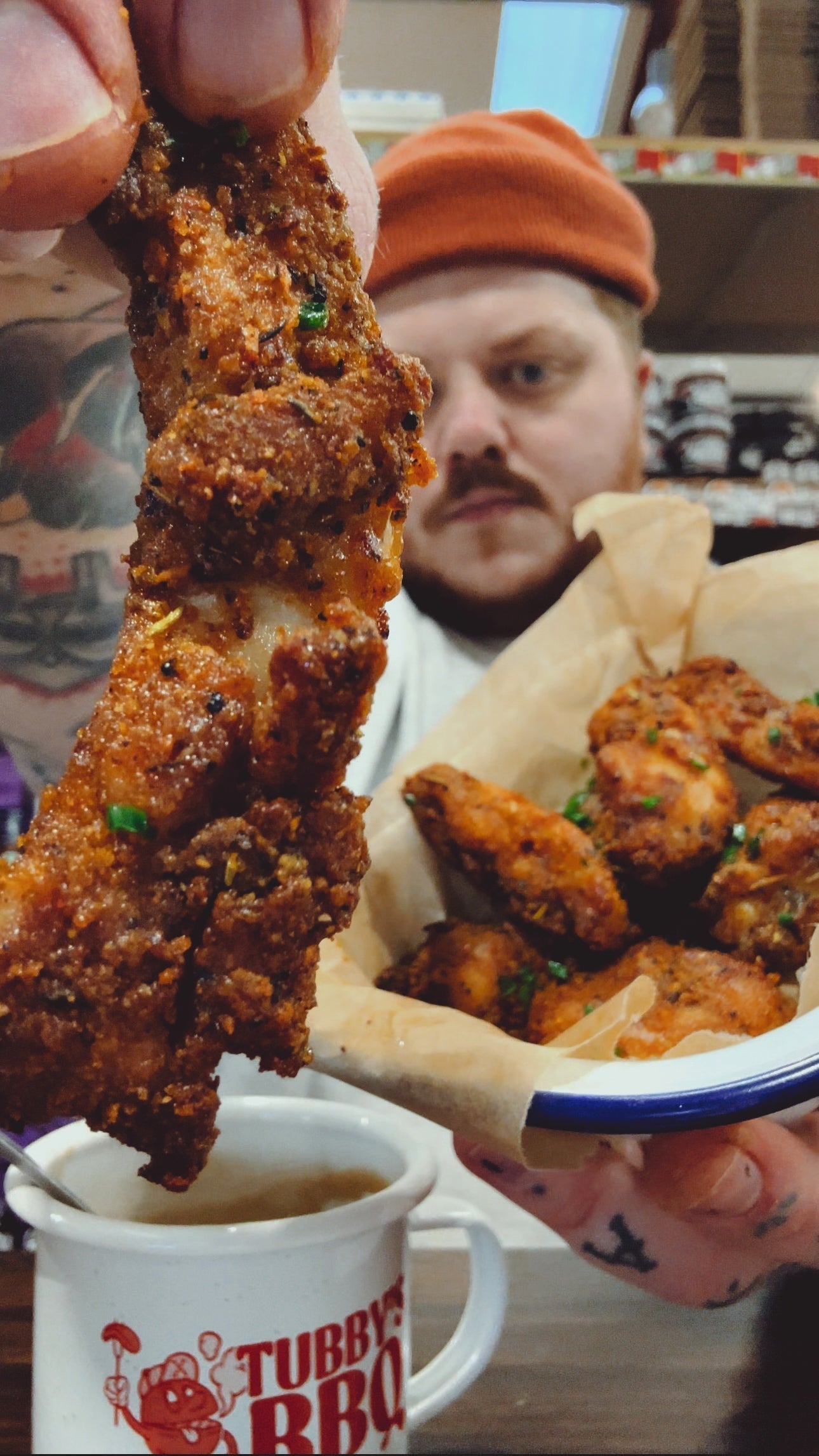 Hunk holding Golden Fried Goodies